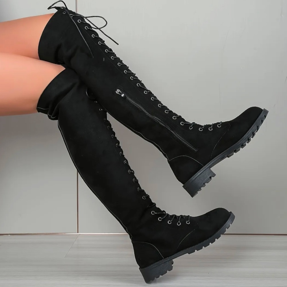 Black Over The Knee Lace-Up Boots